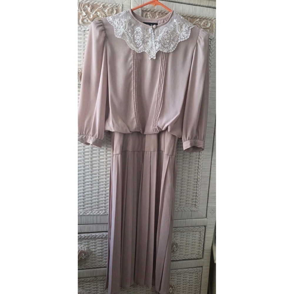 Vintage 80s Dress Lace Collar Pleats Button Sleeve Size 9/10 Billy Jack for Her
